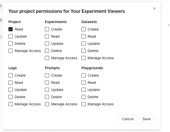 Setting project permissions for experiment